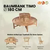 A marketing image showcasing a round teak garden bench with text and smaller product images. Produktbild-Vorschau