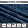 A close-up view of dark blue velvet fabric with an embossed damask pattern, overlaid with icons and text describing product features. Voir les images du produit