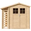 A wooden garden shed with a double door and windows, and a log storage area on the left. Náhľad obrázku produktu