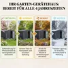A collage of four images showing a garden shed in different seasons: spring, summer, autumn, and winter. Each image has a descriptive text box below it. Produktbild-Vorschau
