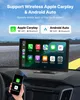 A car dashboard with a large touchscreen display showing various app icons, and a hand holding a smartphone connected wirelessly. Anteprima dell’immagine prodotto