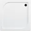 A top-down view of a square white shower tray with a rounded corner and a black drain cover. Produktbild-Vorschau