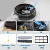 A collage showing a robot vacuum cleaner and its accessories, with close-up views of its cleaning mechanisms and filters. Podgląd zdjęcia produktu