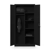 An open black metal locker with shelves and a hanging bar, containing clothes and a bag. Náhled obrázku produktu