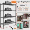 A black four-tier shelving unit with weights on the shelves to demonstrate its load-bearing capacity. The image also includes diagrams and text highlighting the product's features and dimensions. Produktbild-Vorschau