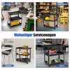A collage of four images showing a black 3-tier rolling cart in different settings: a workshop, a warehouse, a kitchen, and an office. Náhled obrázku produktu