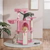 Three cats are playing on a pink cat tree in a room. Podgląd zdjęcia produktu