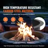 A fire pit with a fire burning inside, surrounded by stones. Text overlays describe the product's features. Náhled obrázku produktu