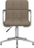 A front view of a taupe fabric office chair with a chrome base and armrests.
