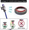 A collage of images showing a Dyson vacuum cleaner, a part of it, and three different sizes of dustbins with measurements. Produktbild-Vorschau