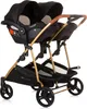 A black and gold double stroller with two car seats attached, shown against a white background. Produktbild-Vorschau