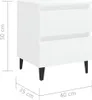 A white bedside table with two drawers and black legs, shown with dimensions indicated by lines and text. Produktbild-Vorschau