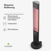 A black standing heater with red heating elements is shown against a light gray background, with text and icons describing its features. Produktbild-Vorschau
