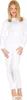 A woman wearing a white full-body suit and white platform heels, posing against a white background. Produktbild-Vorschau