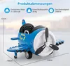 A blue and white toy airplane with dimensions and product specifications overlaid. Náhľad obrázku produktu