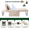 A multi-panel image showing a beige sofa bed in various configurations and assembly steps, with decorative lamps and a wireframe cat illustration. Náhled obrázku produktu