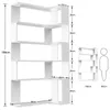 Diagram showing the dimensions of a white L-shaped bookshelf, with a small illustration of a person for scale. Produktbild-Vorschau