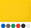 A yellow cutting board is shown from a top-down view, with a row of colored circles below it. Produktbild-Vorschau