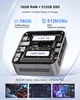A mini PC with its internal components exposed, highlighting RAM and SSD, with supporting graphics and text. Produktbild-Vorschau