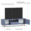 A blue TV stand with a television on top, featuring labels pointing out its features. Produktbild-Vorschau