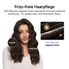A woman with wavy brown hair is shown, with a split view demonstrating the effect of a hair product. A close-up inset shows magnified hair strands. Voir les images du produit