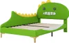 A green dinosaur-shaped bed frame with a yellow spiky mane and a cartoon face on the headboard, shown from a slightly elevated side angle against a white background. Produktbild-Vorschau
