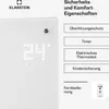 A white electric heater with a digital display showing '24' and a list of features on the right side, along with a small image of a remote control. Produktbild-Vorschau
