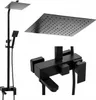 A black shower system with a square overhead shower head and a handheld shower head, shown with a close-up of the faucet. Produktbild-Vorschau