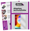 A collage of images showing instructions for applying a screen protector and a product shot of the screen protector on a phone. Produktbild-Vorschau