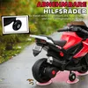 A red toy motorcycle with training wheels on a wet asphalt surface. Produktbild-Vorschau