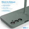 A close-up, angled view of a green smartphone case, with text overlays highlighting its features. Produktbild-Vorschau