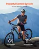 A man riding a bicycle on a mountain path, with text overlays highlighting product features. Produktbild-Vorschau