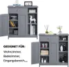 A collage of two images showing a grey cabinet with doors and shelves, and text describing its suitability for different rooms. Produktbild-Vorschau