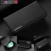 A collage of images showcasing a black leather phone case with various angles and features. Produktbild-Vorschau