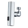 A close-up studio shot of a chrome kitchen faucet with a black button on a white background. Produktbild-Vorschau
