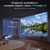 A projector is set up in a dark room, projecting a large image of a mountain lake onto a wall. Lines indicate different projection sizes. Produktbild-Vorschau