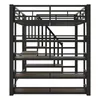A multi-level bunk bed with a desk and shelves, made of metal and wood. Produktbild-Vorschau