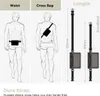 Diagrams showing how to wear a waterproof bag as a waist bag and a cross bag, with length measurements. Anteprima dell’immagine prodotto