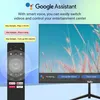 A remote control and a TV screen displaying a nature scene, with text overlays and speech bubbles related to Google Assistant. Produktbild-Vorschau