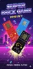 Three retro handheld game consoles are displayed against a vibrant, futuristic cityscape background with glowing neon lights and abstract shapes. Náhled obrázku produktu