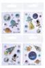 Four clear plastic packages of space-themed stickers, each with a white header and a die-cut hole for hanging. Produktbild-Vorschau