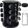 A black spice rack organizer with 16 glass jars and their black lids, shown with a separate jar, lid, and shaker insert. Produktbild-Vorschau