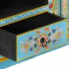 A close-up view of a drawer on a blue TV cabinet with hand-painted floral designs. Podgląd zdjęcia produktu