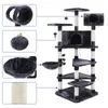 A multi-level cat tree with various platforms, a hideaway, and hanging toys, shown with callouts to specific components. Produktbild-Vorschau