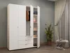 A white wardrobe with open doors, revealing clothes and shelves, in a room with gray walls and curtains. Náhled obrázku produktu