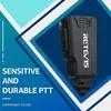 A close-up marketing image of a black Retevis PTT microphone with text overlays. Produktbild-Vorschau
