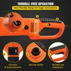 Close-up marketing image of an orange electric pipe threading machine, highlighting its features with numbered callouts and text descriptions. Podgląd zdjęcia produktu