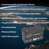 A battery is shown in front of a background image of Earth at night, with text listing product features. Produktbild-Vorschau