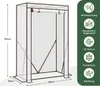 A white greenhouse with brown framing, shown with dimensions and feature icons on the right side. Produktbild-Vorschau