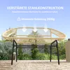 A two-seater garden bench made of rattan-like material with a metal frame, set outdoors on a patio with a stone wall and greenery in the background. Anteprima dell’immagine prodotto